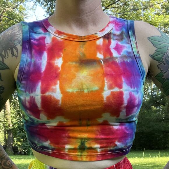Women's Tie Dyed Tank Crop - Ice Dye Handmade - Funky Rainbow (Fitted Large) - Picture 3 of 11